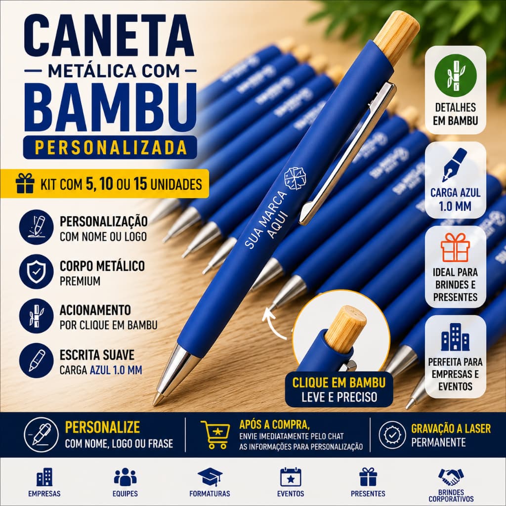 Caneta Metálica Bambu Personalizada Nome Logo Kit 5 10 15 Unidades Brinde Corporativo