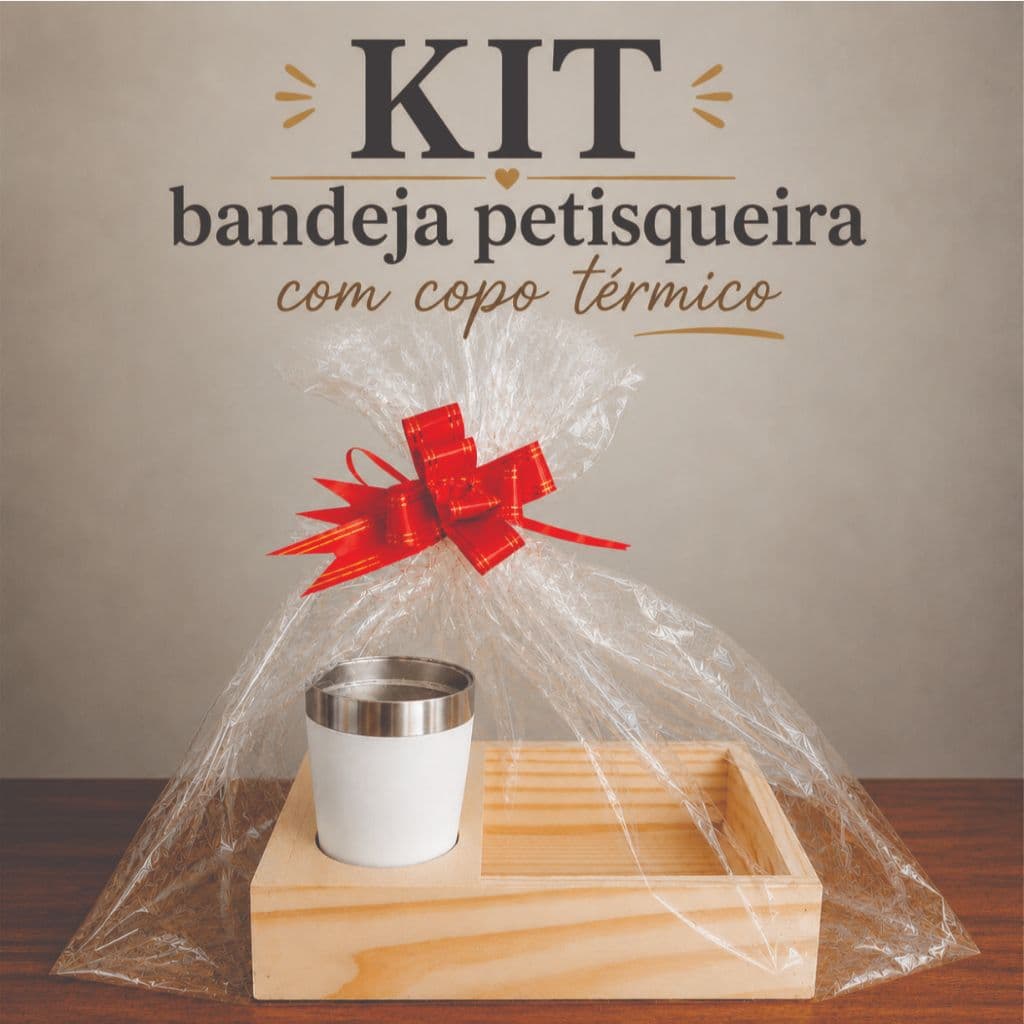 Kit Bandeja Petisqueira 30x20cm Madeira Pinus Copo Térmico 473ml Preto ou Branco com Embalagem