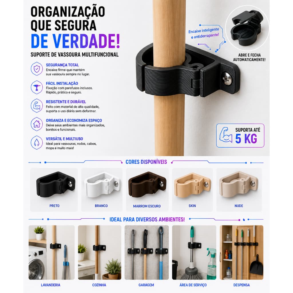 Suportes de Vassoura Multifuncional de Parede KIT com 4 unidades I Organizador