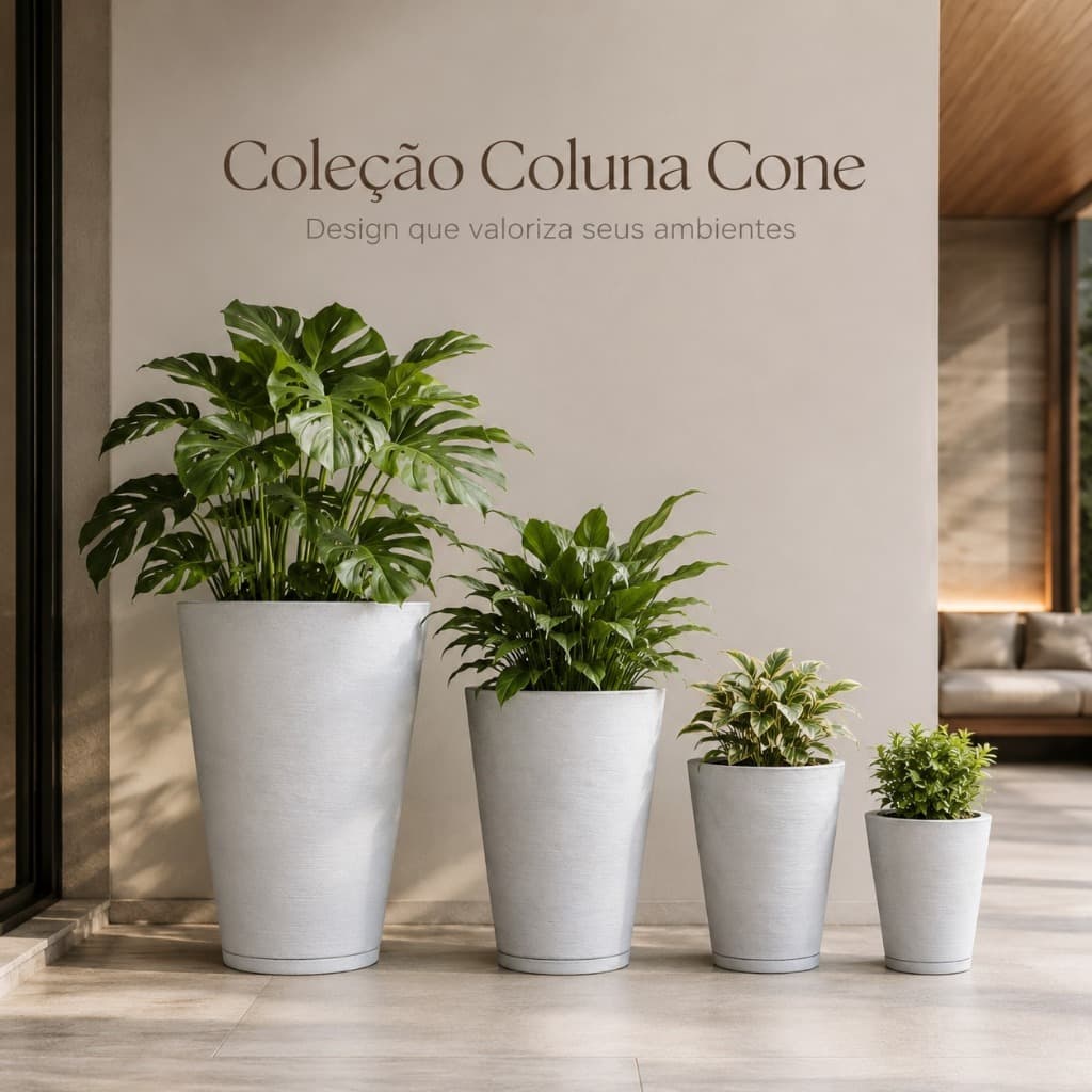 Vaso Para Plantas Decorativos Colunas Cone com Prato - Acabamento Grafiato Luxo