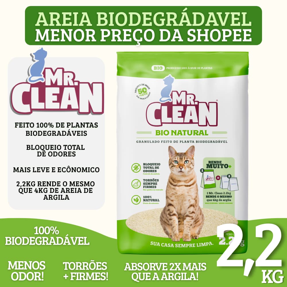 Areia Higiênica Biodegradável 2,2kg Mr.Clean - Areia para Gatos 100% Natural