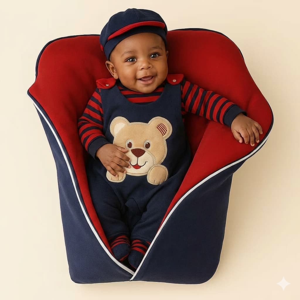 Saída de Maternidade Menino com Saco de Dormir 4 peças Azul Marinho Com Vermelho Luxo RN
