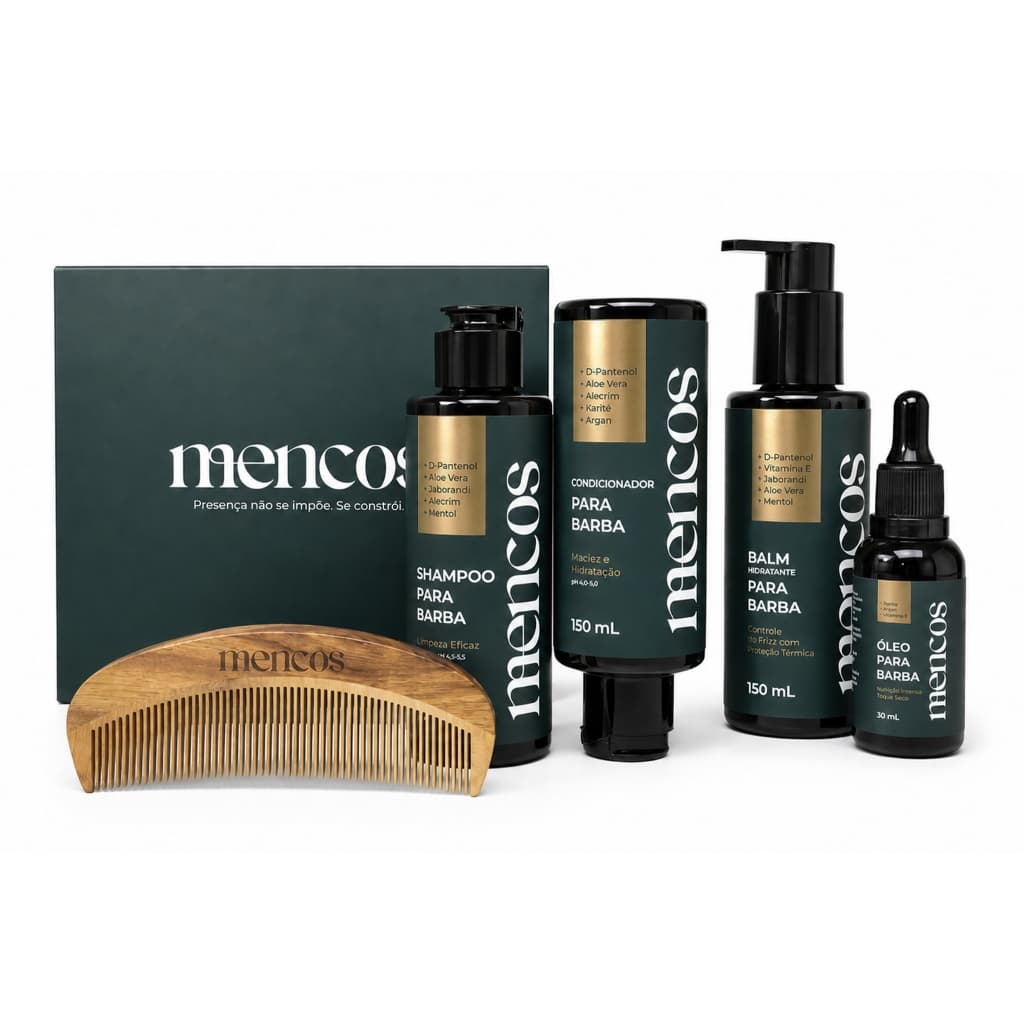 Kit Barba Mencos - Shampoo Condicionador Balm Óleo e Pente de Madeira Curvo