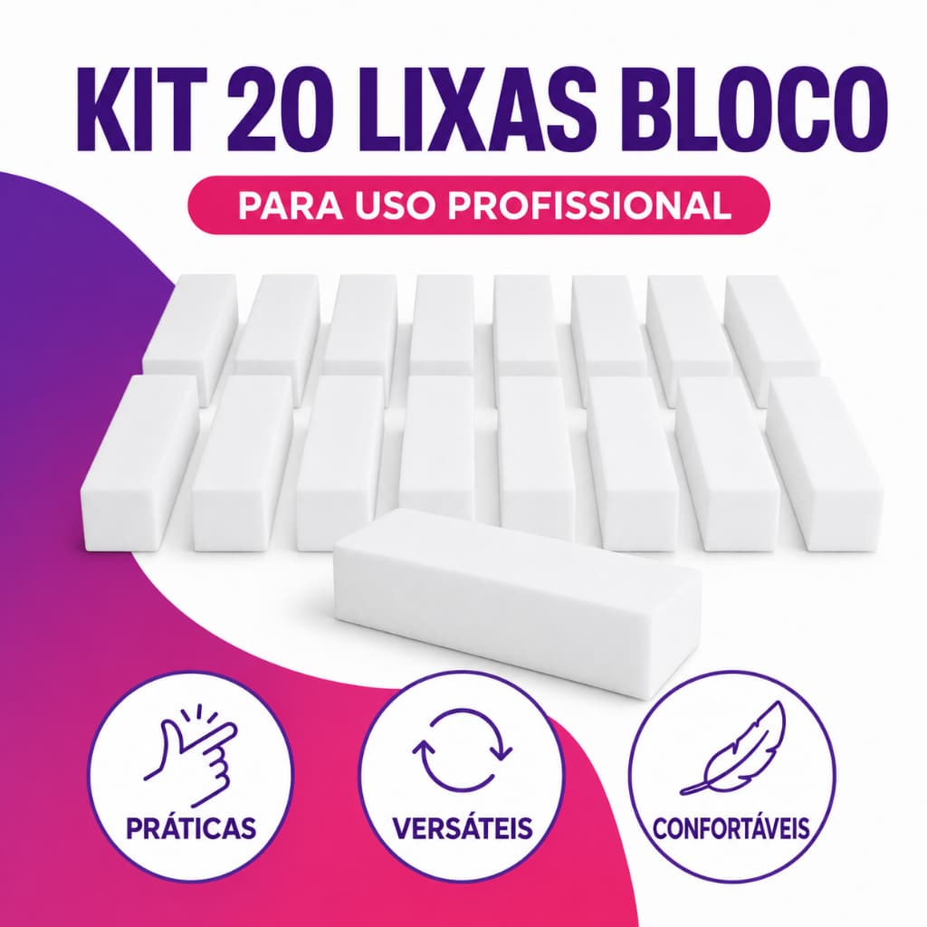 Kit 20x Lixa Bloco Fecha Poros Polidora para Unhas Gel e Polygel