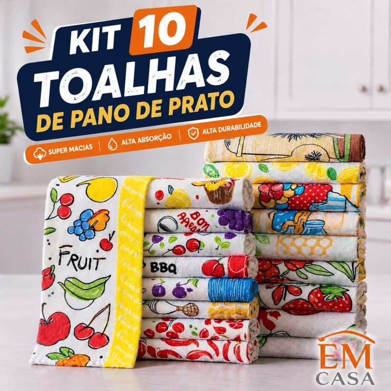 Kit 10 Panos de Prato Felpudos 100% Algodão Alta Absorção Estampados Premium 45x70cm