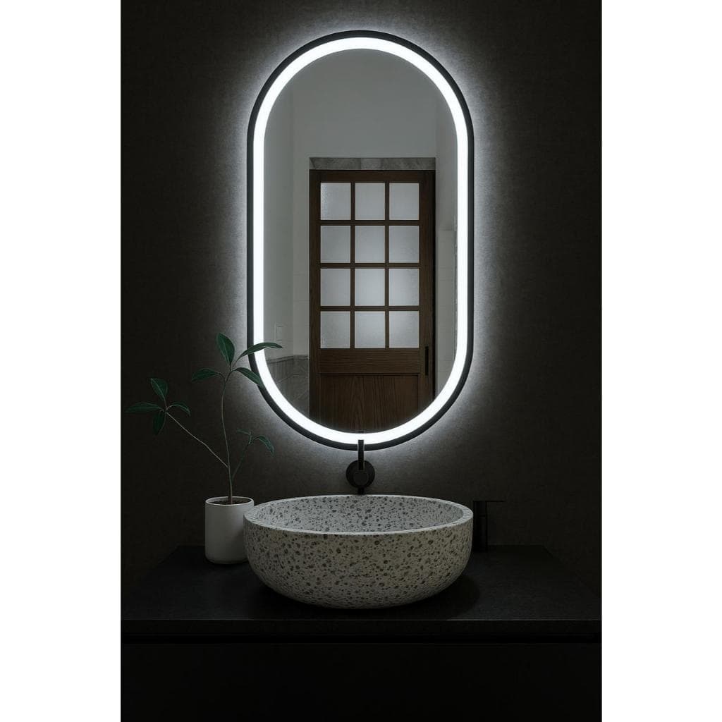 Espelho Decorativo Oval 50x100 Jateado com Led 3 tons com Botao Touch Banheiro Studio Maquiagem Salão
