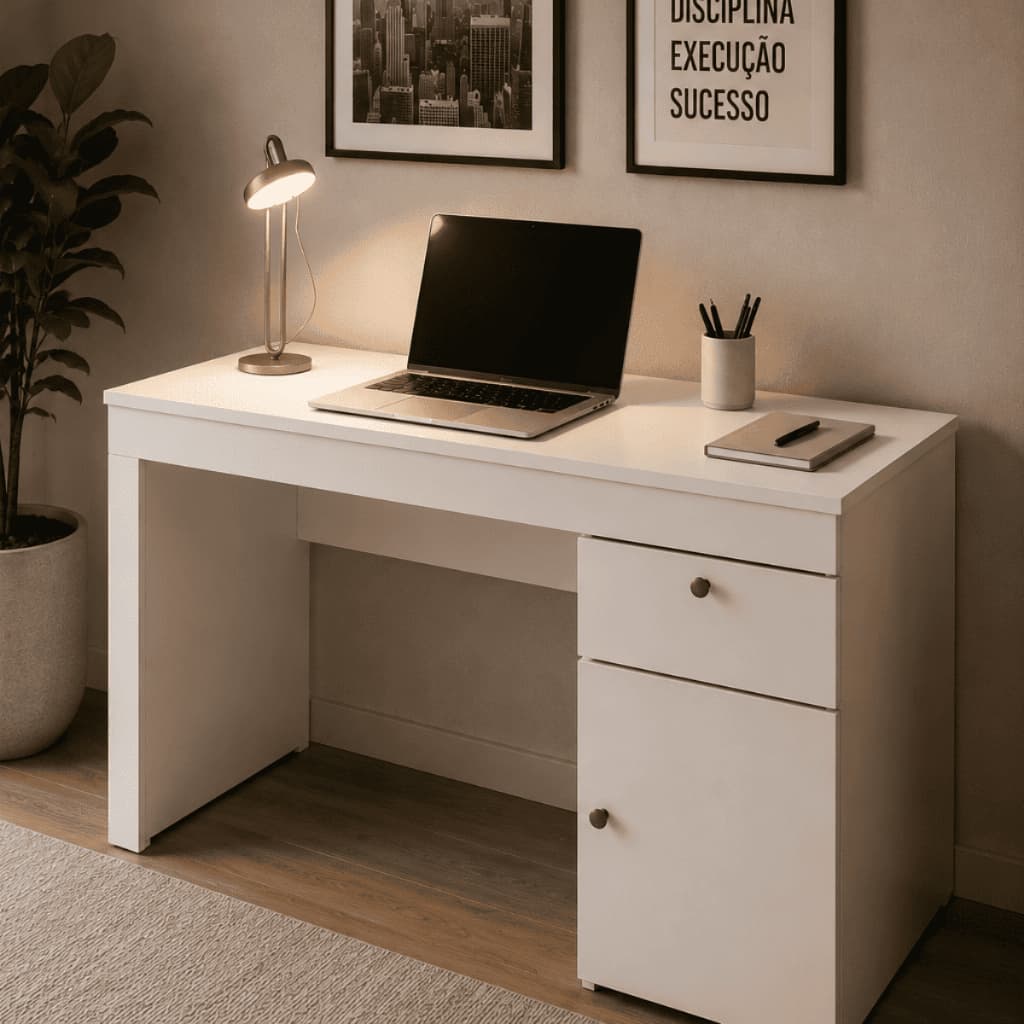Mesa Escrivaninha Home Office Iris P/ Pc Computador Com 1 Porta E 1 Gaveta Para Escritório E Estudos Cor Branco