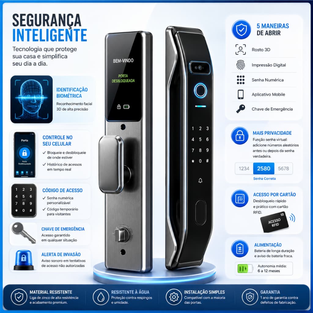 Fechadura Eletrônica com Reconhecimento Facial 3D Inteligente Segura Biometria WiFi Senha Câmera - Manual em Portugues