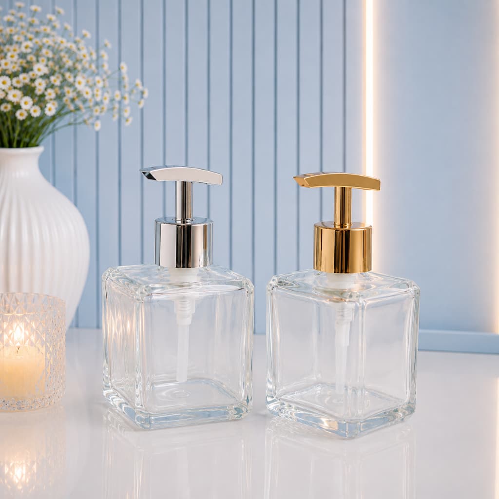 Porta Sabonete Vidro Cubo 250ml Válvula Cromada Luxo