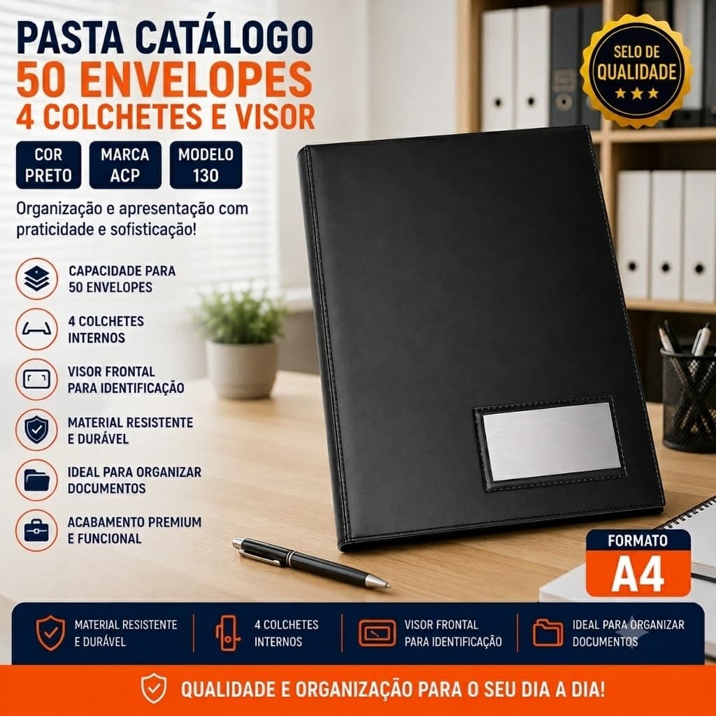 Pasta Catálogo 50 Envelopes 4 Colchetes e Visor Preto ACP Papelaria Escritório.