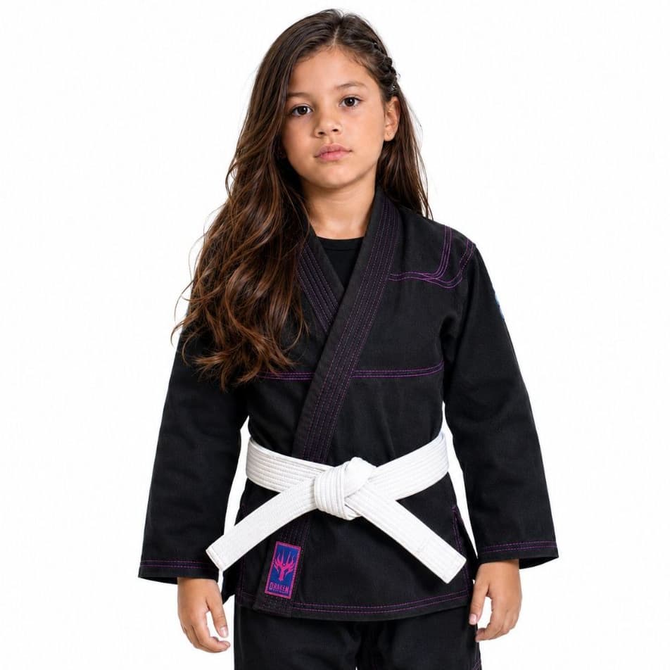 Kimono Infantil Jiu - Jitsu Trançado Draken Preto com Costura Rosa + faixa Branca simples