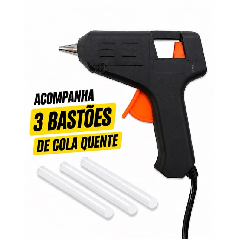 Pistola de Cola Quente Bivolt acompanha 3 Bastões de cola quente fino