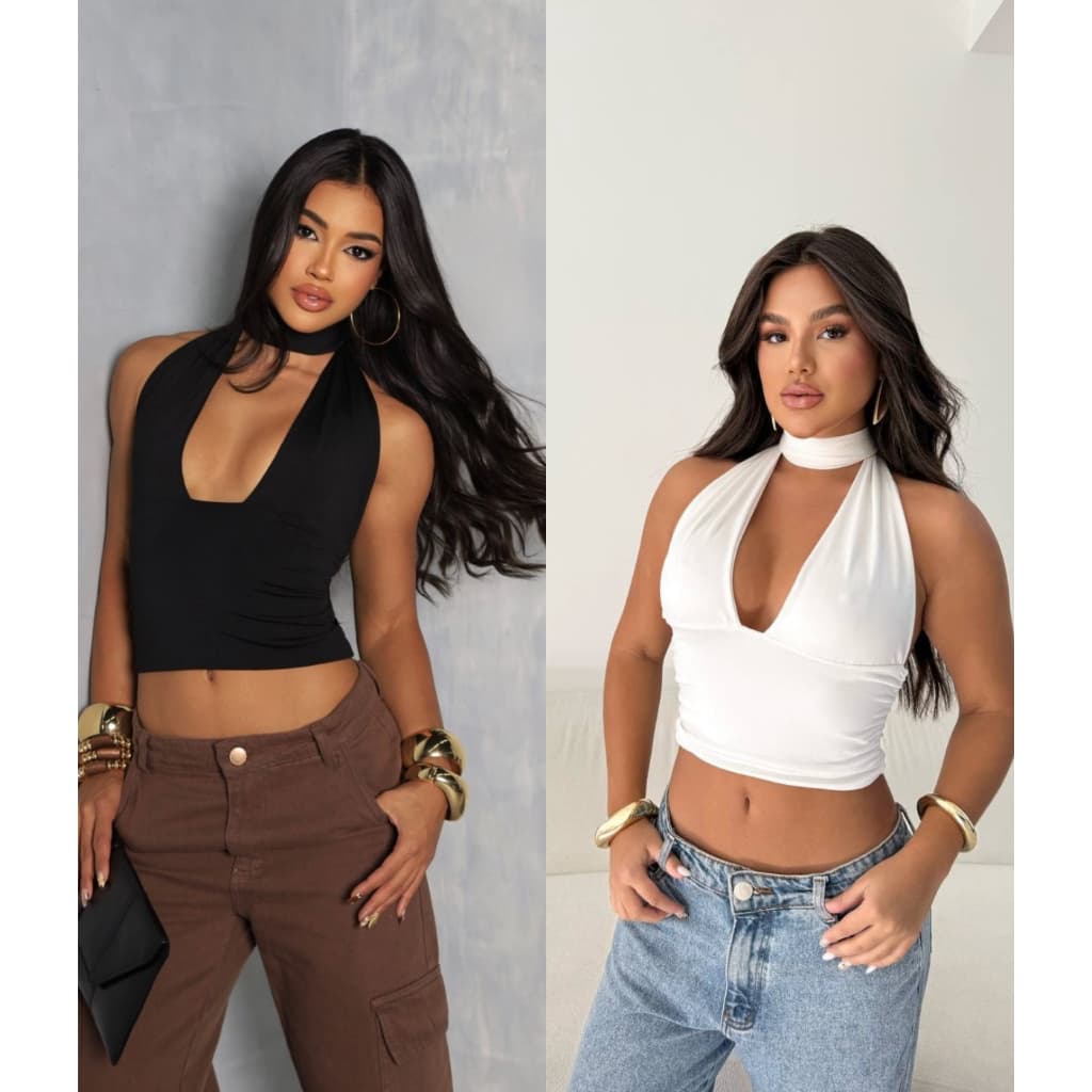 Kit 2 CropPed Multiformas Gringa Amarração Gola Halter P ao G3 plus size Blusinhas Básica para Verão