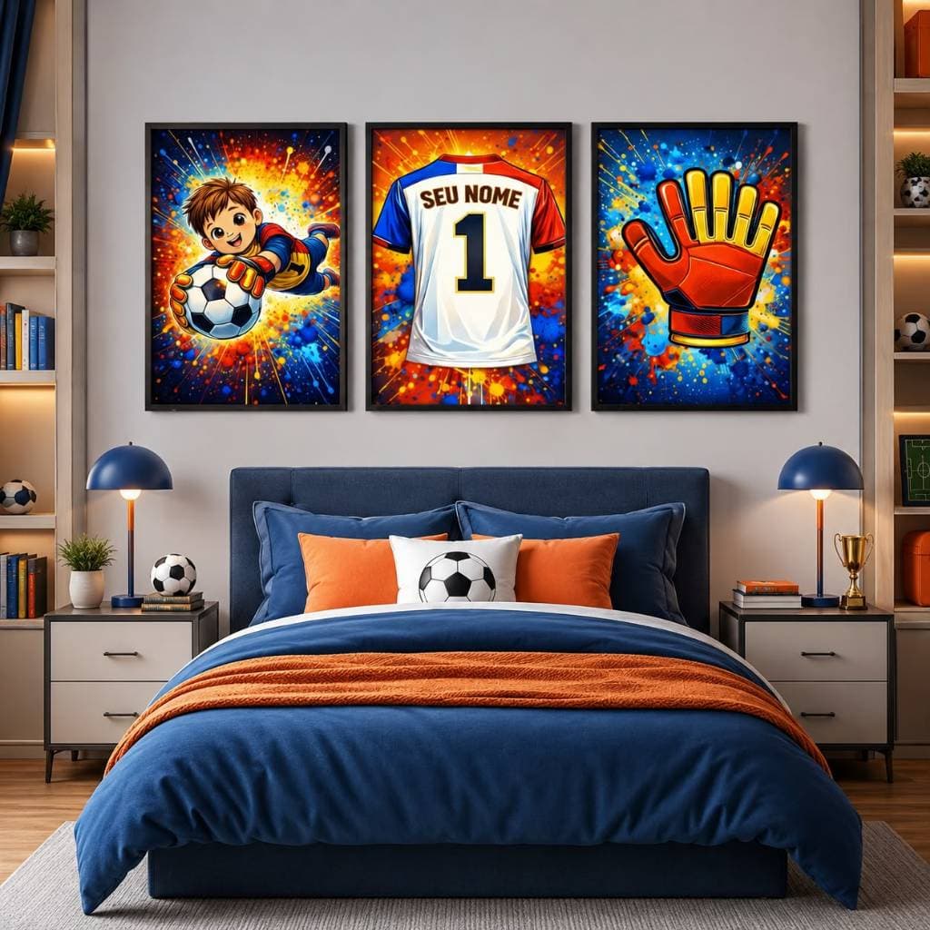 Quadro decorativo Futebol Goleiro Luva personalizado com nome decoração quarto infantil