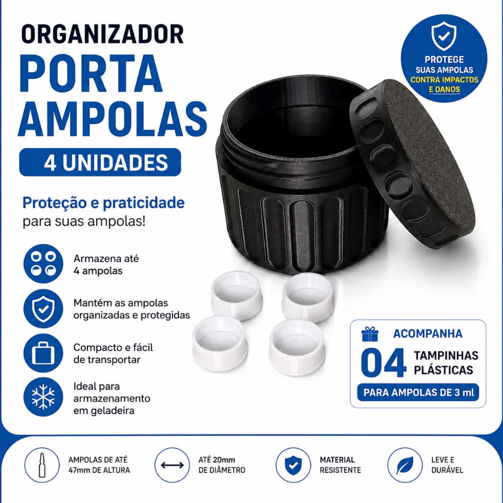 Organizador Porta Ampolas 4 Unidades Estojo Protetor para Transporte e Armazenamento