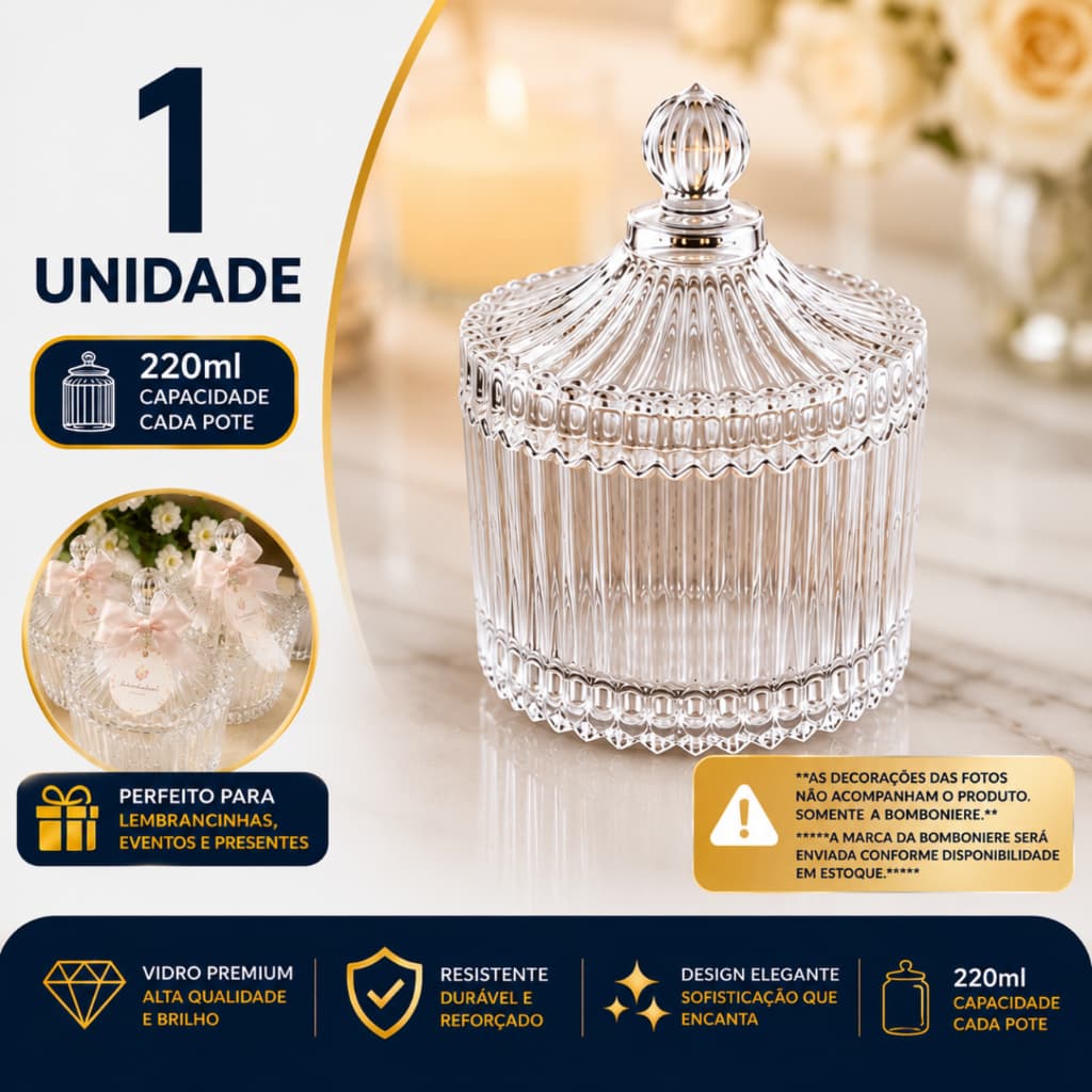 Bomboniere Potiche Pote 12x10cm Vidro 220ml Decoração Lembrançinha Casamento Batizado Aniversário Chique Premium