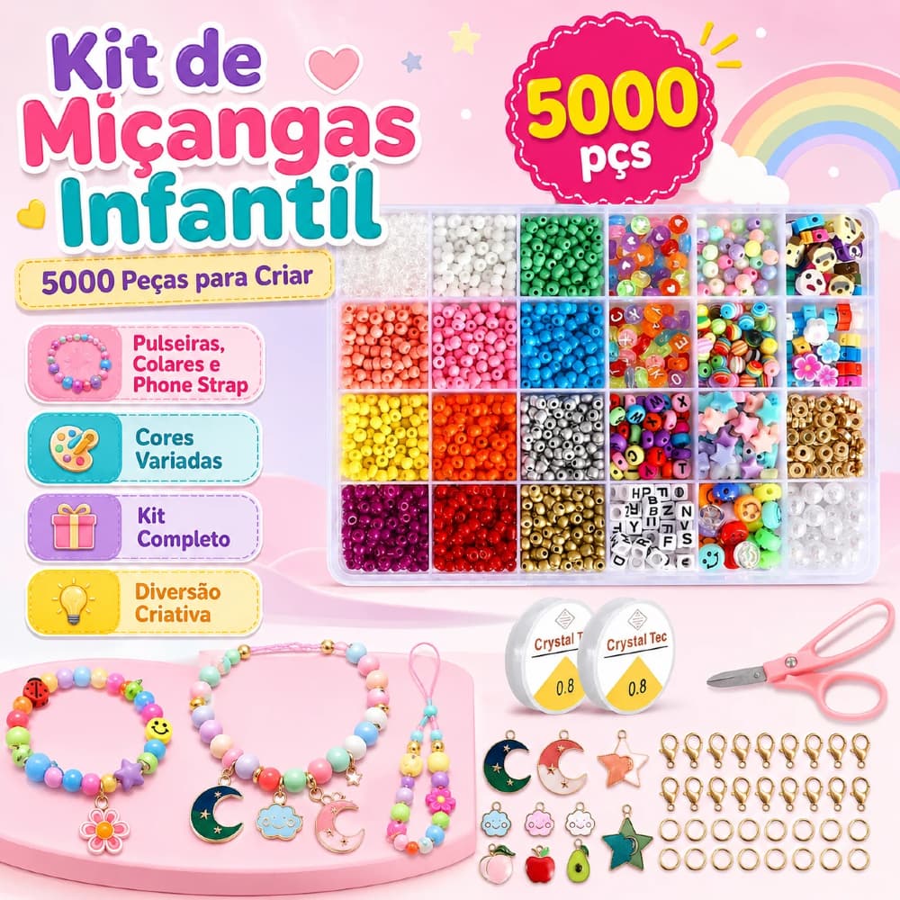 Kit Miçangas Infantil 5000 Peças para Pulseiras, Colares e Phone Strap com Acessórios