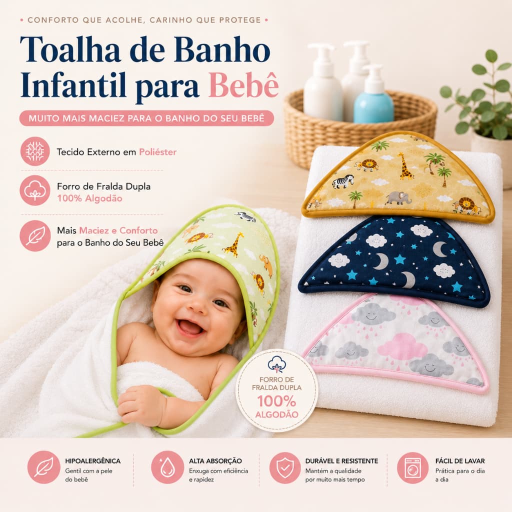Toalha de Banho Bebê com Capuz Forro Fralda Dupla 100% Algodão Felpudo Poliéster Macia