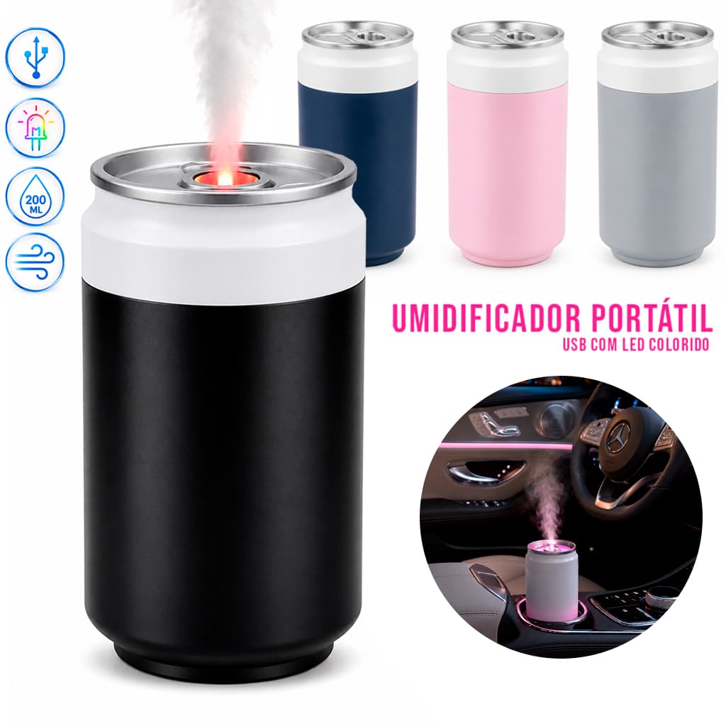 Umidificador Portátil Difusor Efeito Chama Aroma Óleo Essencial Copo 260ml Lata Vapor Led
