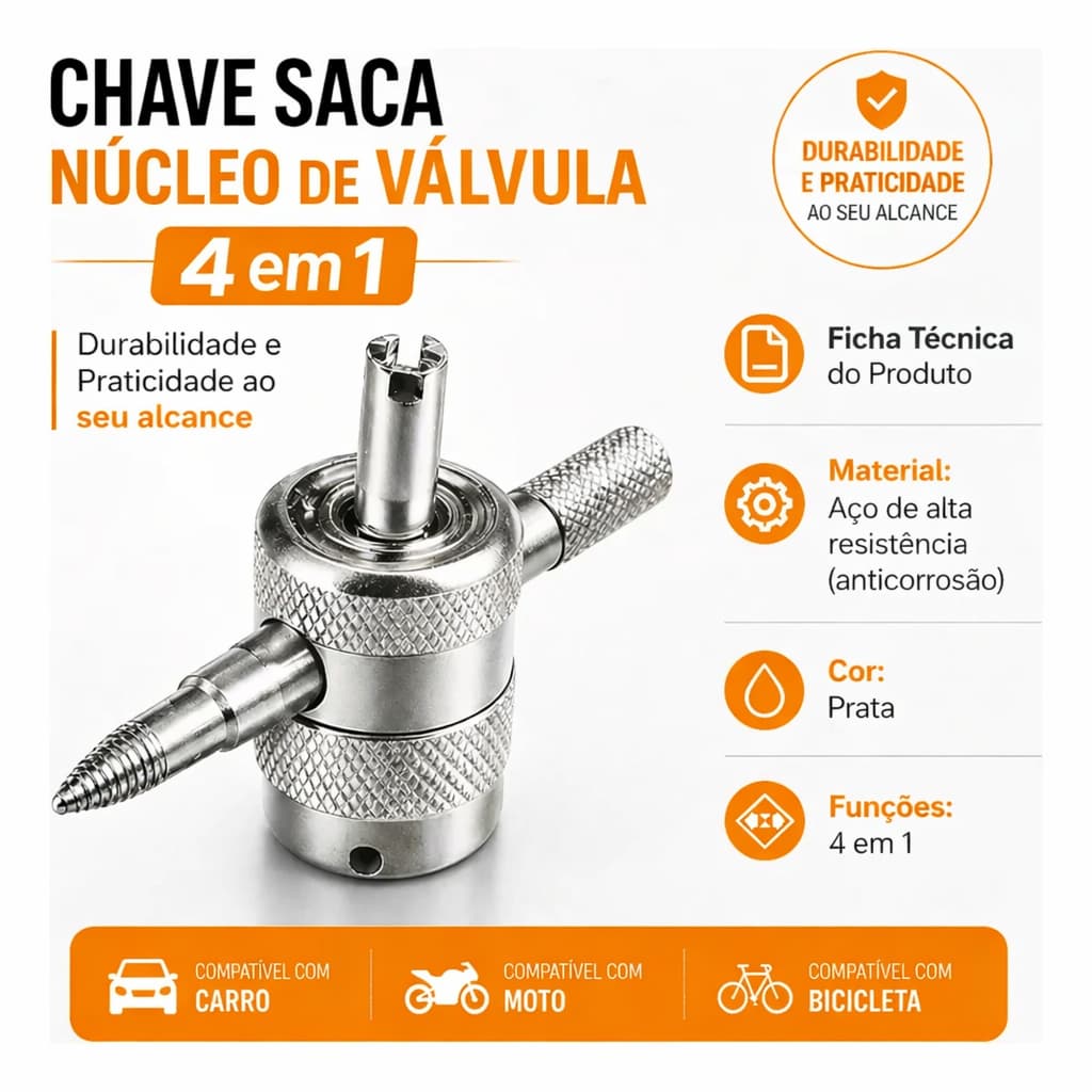 Chave Saca Núcleo de Válvula de Pneu – Tarraxa 4 Usos