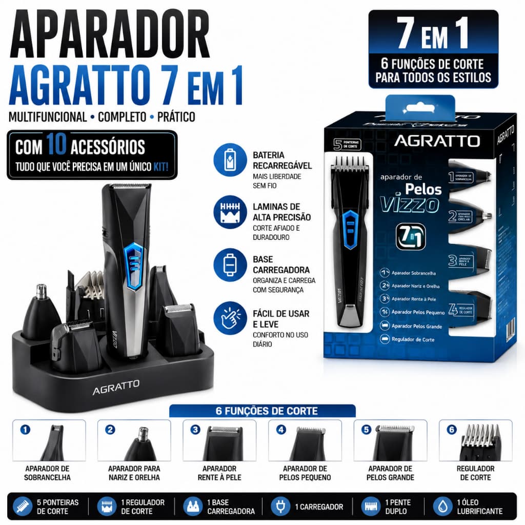 Aparador Babeador Maquina de Cortar Cabelo Agratto 7 em 1 Bivolt Precisão Profissional Sem Fio Preto