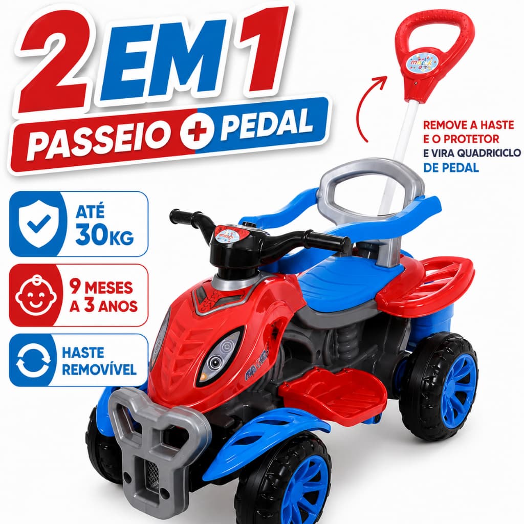 Quadriciclo Infantil Spider Passeio e Pedal 2 Em 1 Com Haste Guia