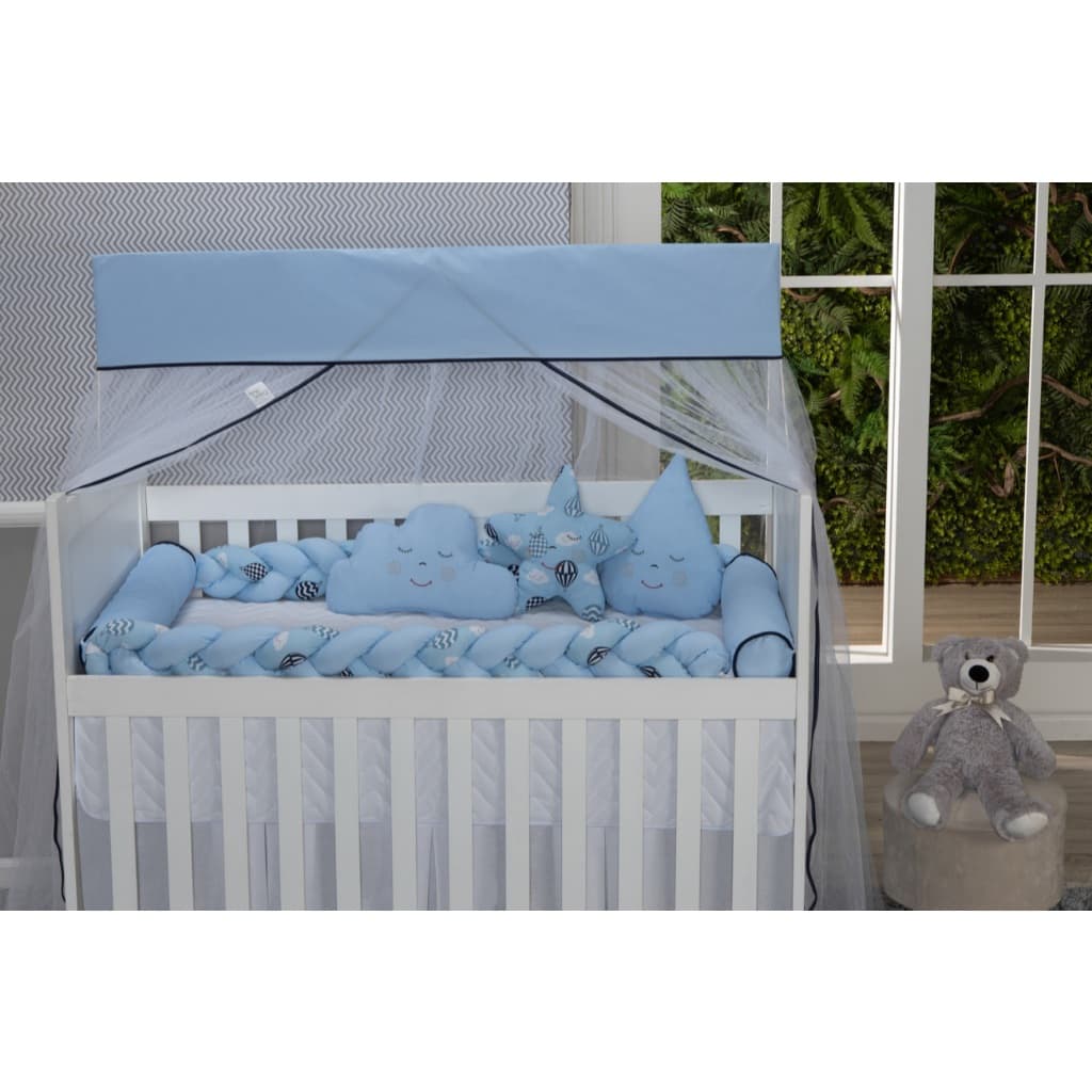 Kit Protetor de Berço Trança Balão Azul 11 Peças 100% Algodão Nuvem Estrela Gota