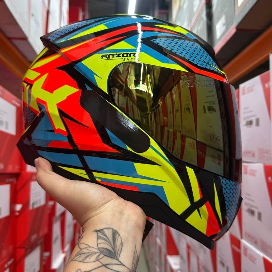 CAPACETE NORISK RAZOR SHARP LARANJA/AZUL ORIGINAL + VISEIRA CRISTAL E DOURADA NOVIDADE PROMOCIONAL