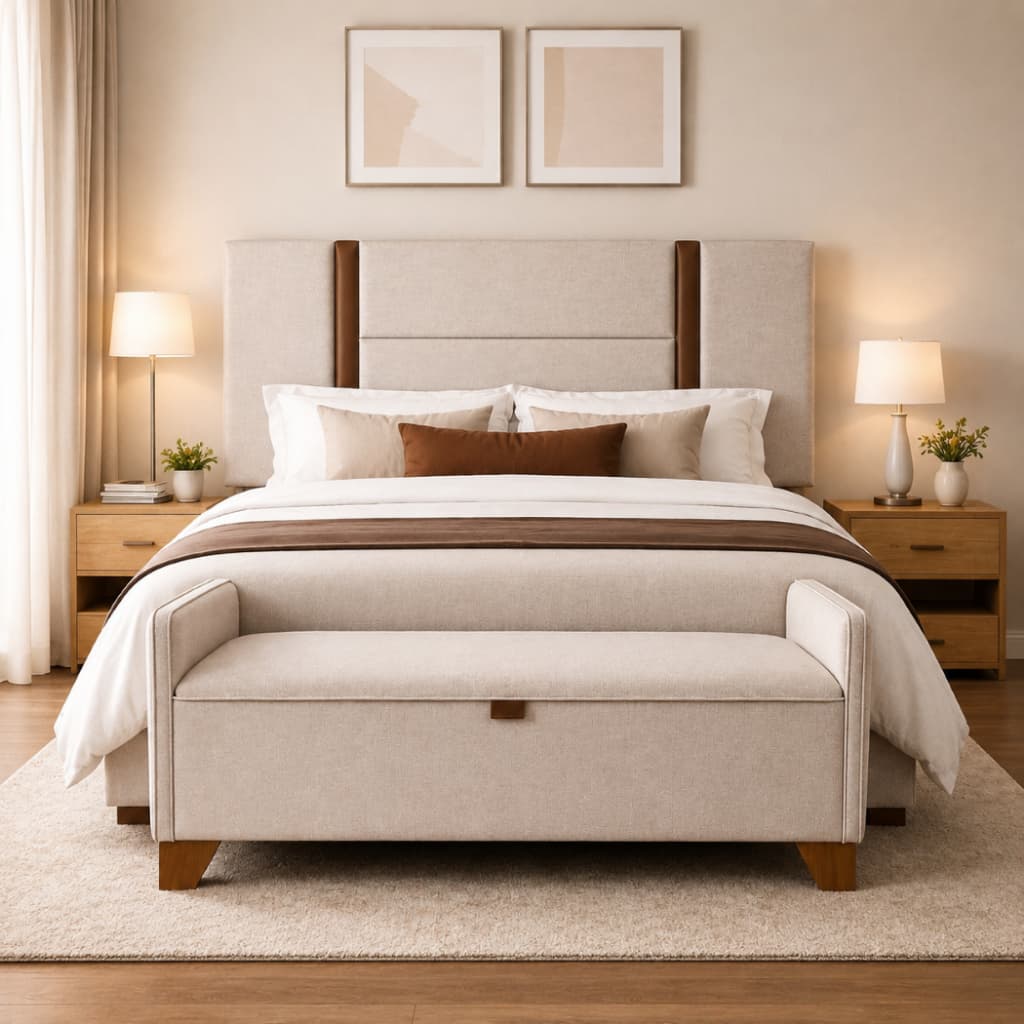 Conjunto Duna Recamier Baú + Cabeceira Linho Bege com Corino Alto Padrão – Cama de Casal e Queen