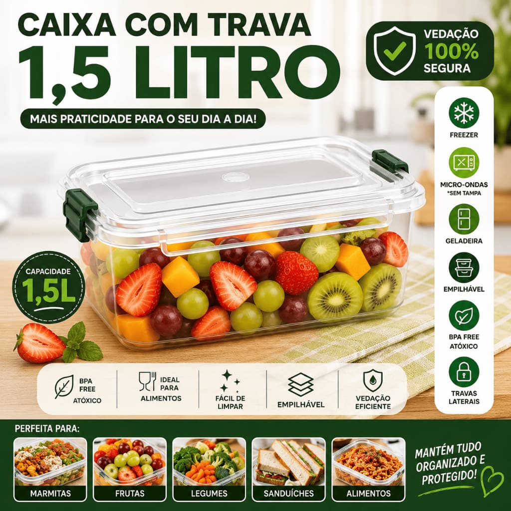 Pote Organizador Transparente 1,5L com Tampa Trava Fácil Kit Econômico
