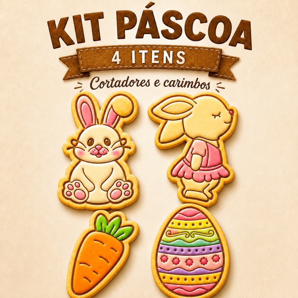 Kit 4 Cortadores e Carimbos Páscoa - Coelhos, Ovo e Cenoura - Para Confeitaria e Biscuit (7,5cm)
