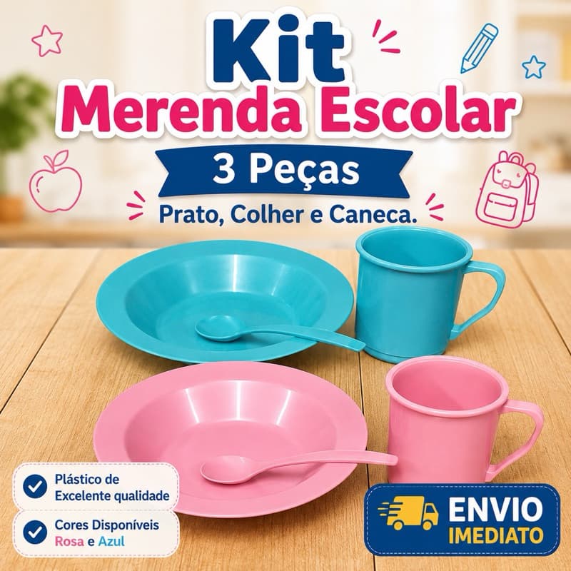 Kit Merenda Escolar Infantil 3 Peças Prato Colher Caneca Plástico Reforçado Lanche Criança