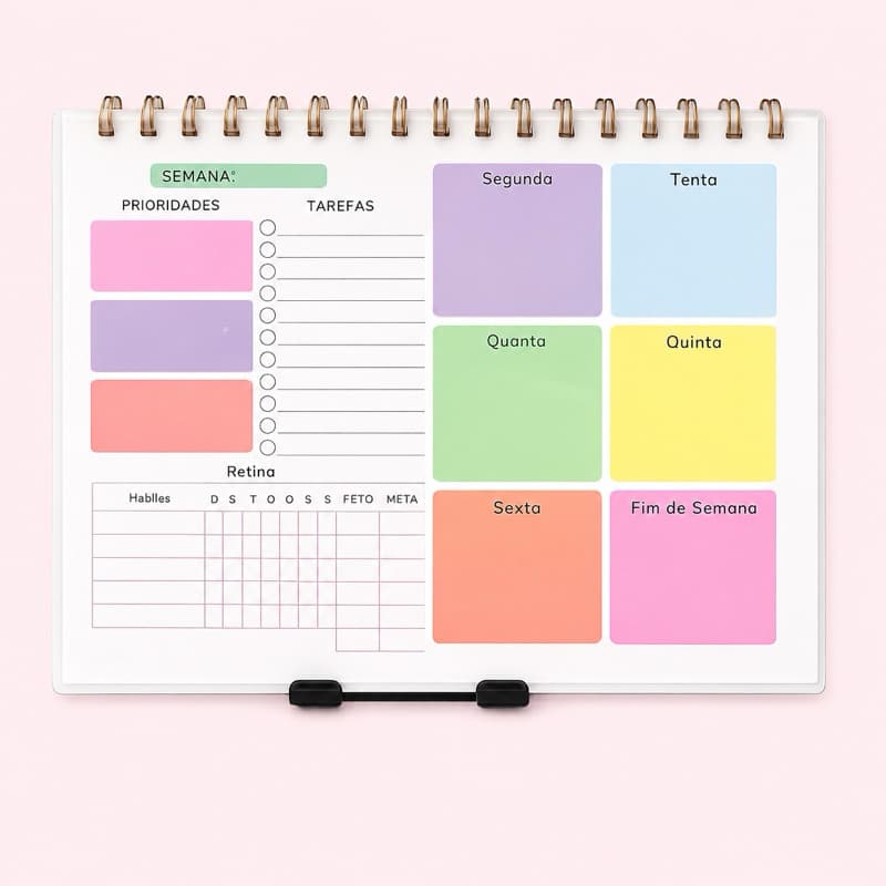 Planner Semanal de Mesa Espiral Colorido | Organizador de Tarefas, Prioridades e Hábitos