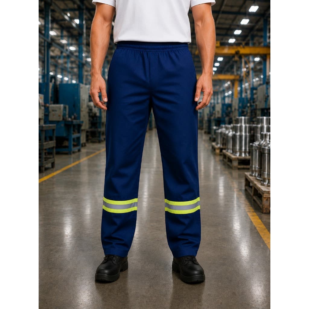 Calça De Uniforme Eletricista Brim Profissional Reforçada Com Faixa Refletiva Masculina Pedreiro