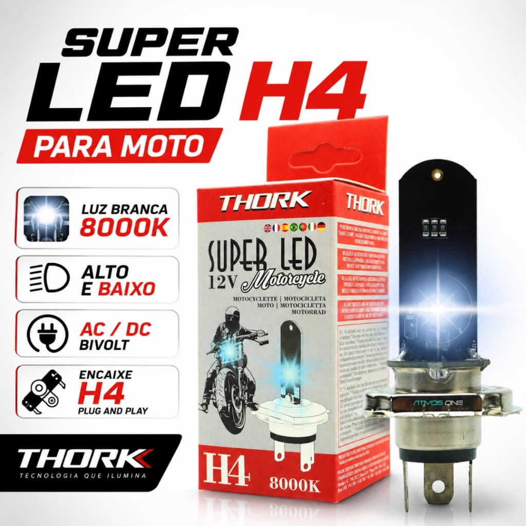 Lâmpada De Led Para Moto H4 Farol Efeito Xenon Azulada AC DC 8000k Super Ultra Led Thork Forte