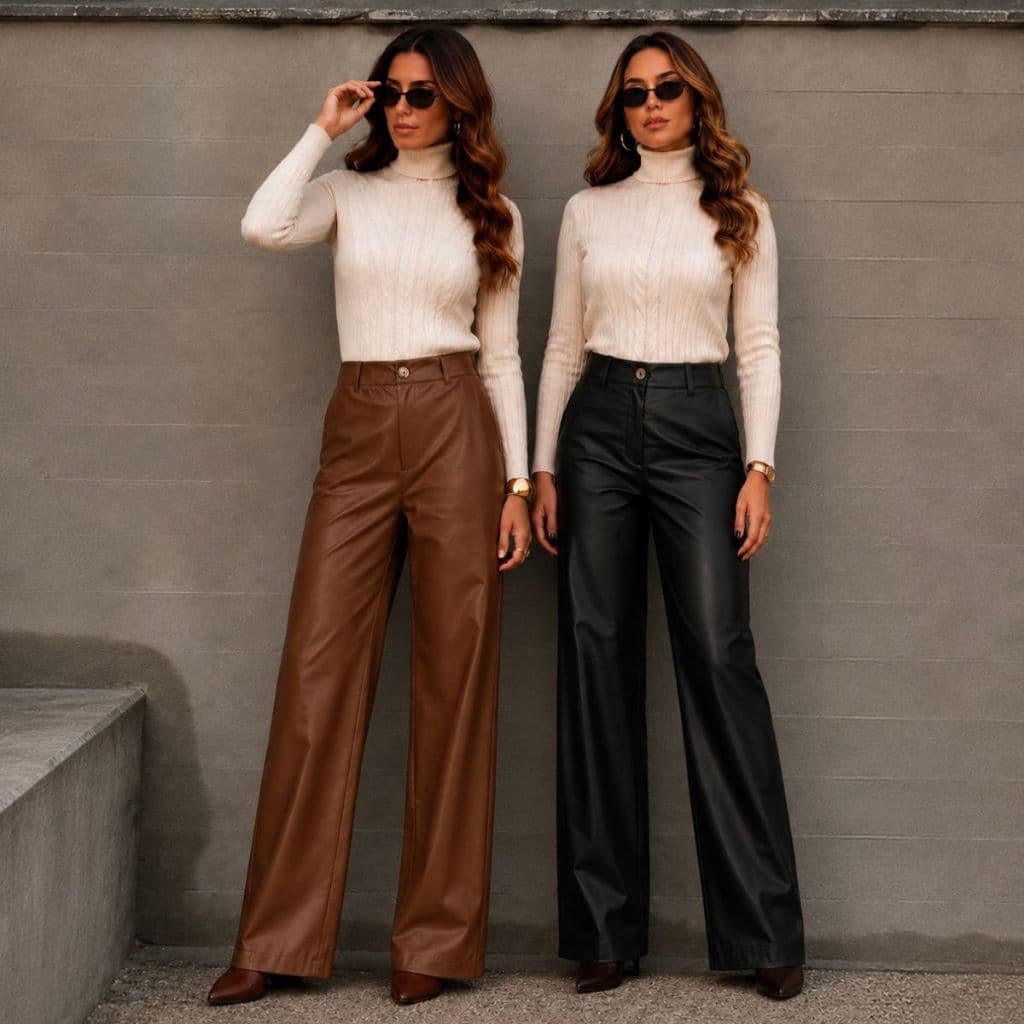 Calça Feminina Courino Pantalona Cintura Alta Elegante Inverno com Bolsos