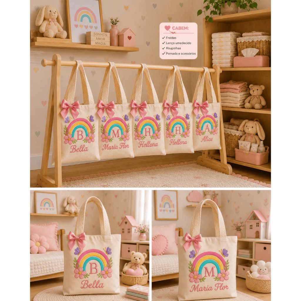 Ecobag Infantil Personalizada Menina Nome Estilo Bordado Maternidade Bebê 28x30 cm
