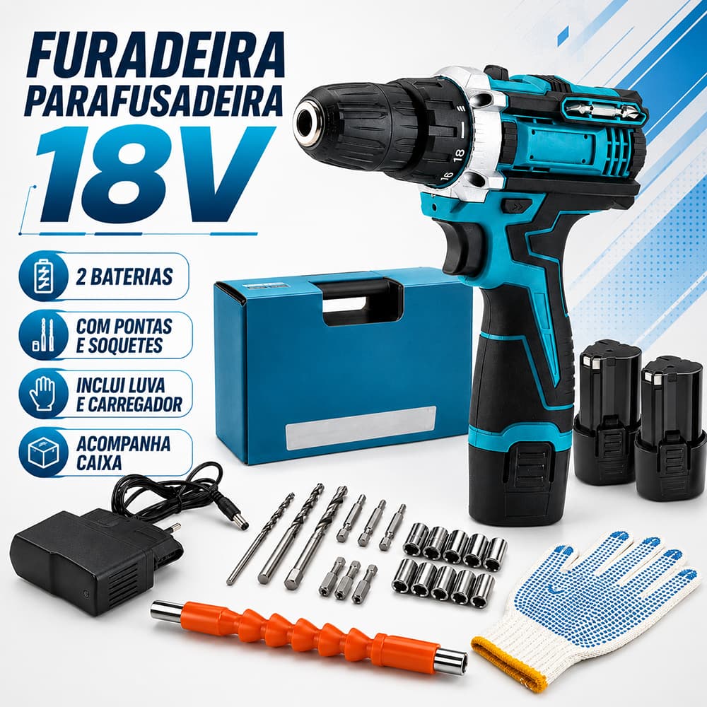 Parafusadeira Furadeira de Impacto 28Nm com 2 Baterias Carregador Bits Soquetes e Eixo Flexível