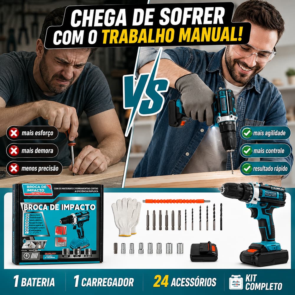 Parafusadeira Furadeira Impacto 48V Sem Fio 1 Bateria 24 Acessorios Brocas Caixa Papel Domestico