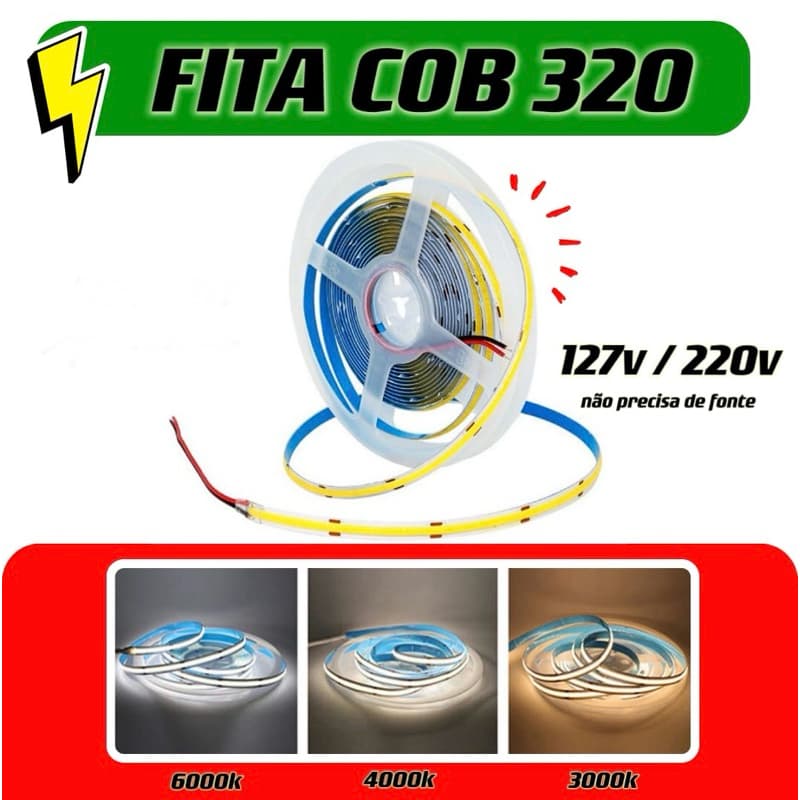 Fita Led Cob DIRETO NA ENERGIA - 2 METROS - 127v - 220v 3000k/4000k/6000k 8mm de largura