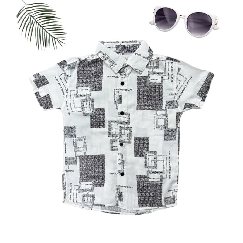 Camisa Social Menino Infantil Estampada Quadriculada Fundo Branco Juvenil Malha Viscose #B