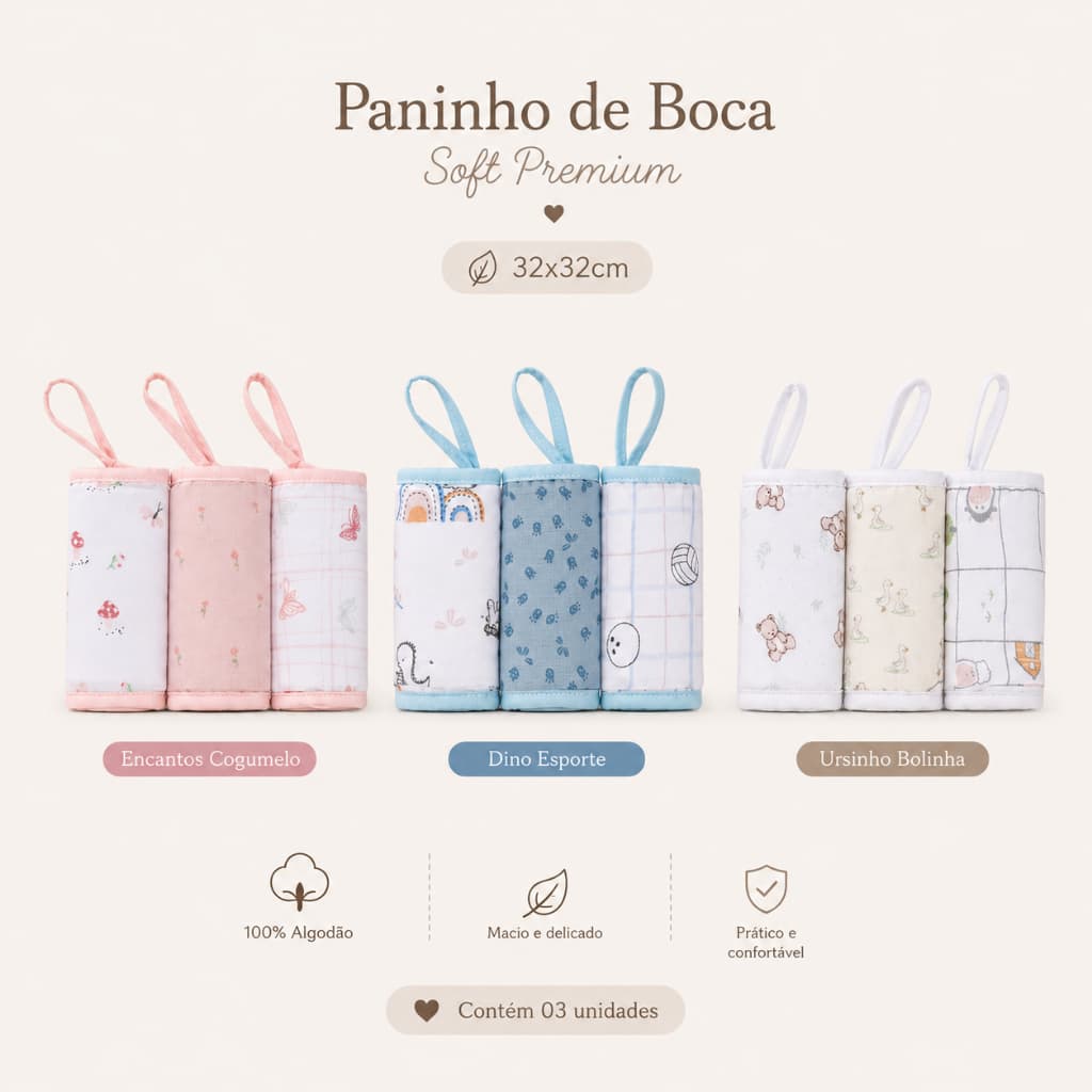 Paninho de Boca Baby Soft Premium c/ prendedor 32x32 03 unidades - Papi
