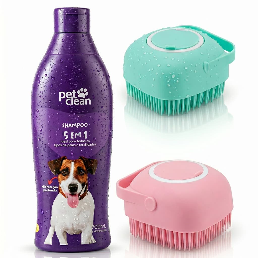 Shampoo Pet 5x1 700ml  ou Neutro + Escova Silicone Dispenser Cães Gatos Pet Clean