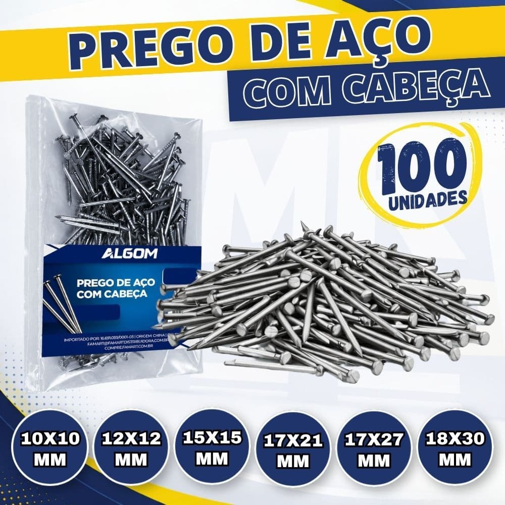 Prego de Aço com Cabeça 100 Unidades Prego 17x21 17x27 15x15 Vários Tamanhos