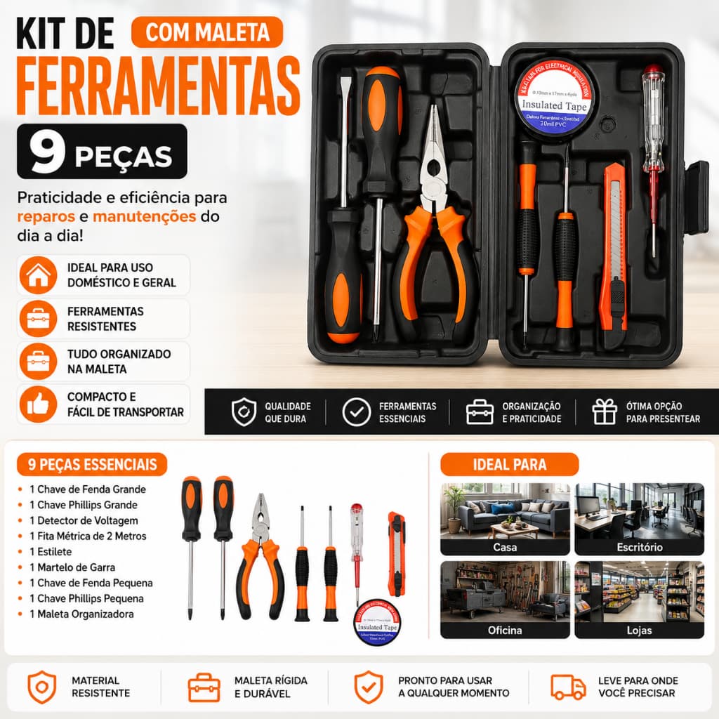 Maleta de Ferramenta Essenciais com 9 peças
