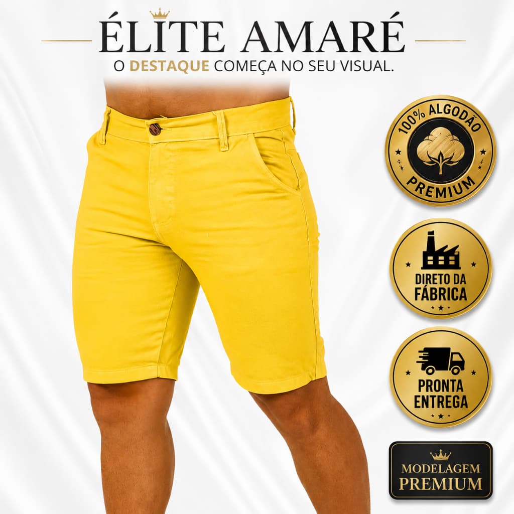 Bermuda Masculina Amarela Premium 100% Algodão Slim Casual Modelagem Perfeita