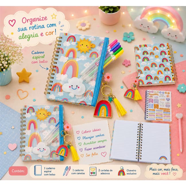 KIT CADERNO PRESENTE ARCO IRIS - COM ACESSÓRIOS E CANETAS EM GEL