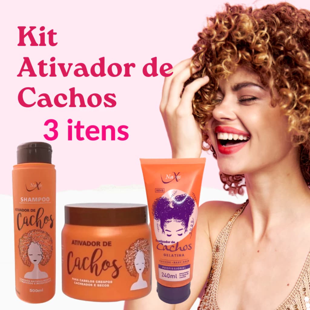 Kit Cachos Naxos Shampoo Máscara 500ml Gelatina 240ml Definição Cachos Crespos Anti Frizz