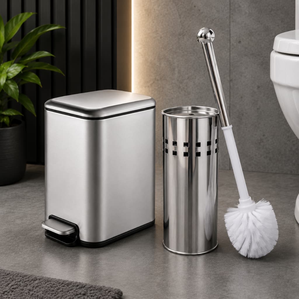Lixeira Inox Retangular Com Pedal 5 Litros e Escova Sanitária Vaso Cozinha Banheiro