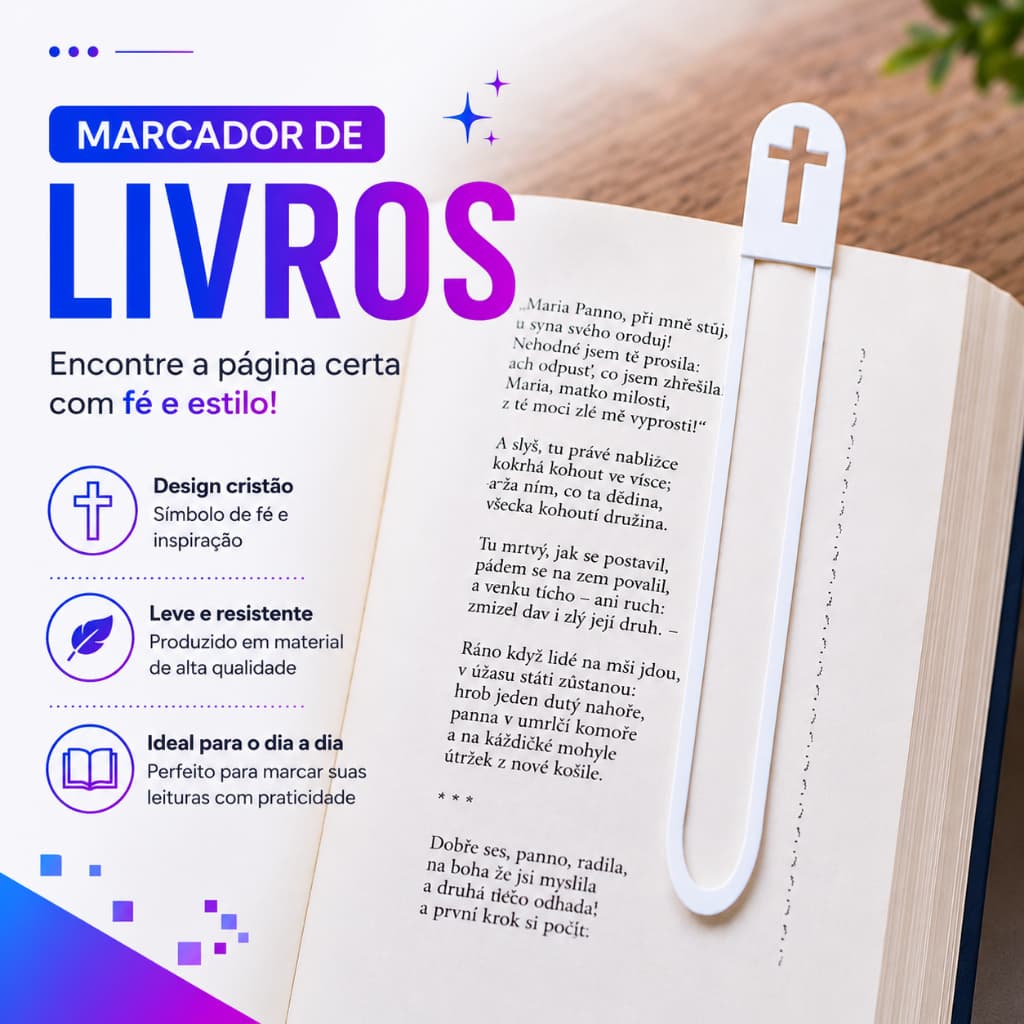 Kit 4 Marcadores de Livros I Modelo cruz I Formato Clipe Plástico Rígido 3D